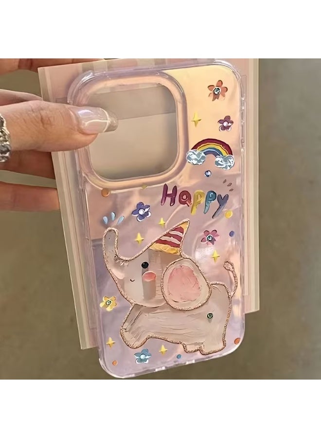 Temu Cute cartoon design phone case, oil painting of a rainbow elephant, pink gradient, water ripples, for iPhone 13. Durable, stain-resistant, fingerprint-proof, and shockproof.
