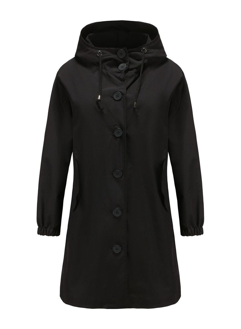 Loquat Women's New Waterproof Hooded Windbreaker Casual Long Coat Black  - Image 1