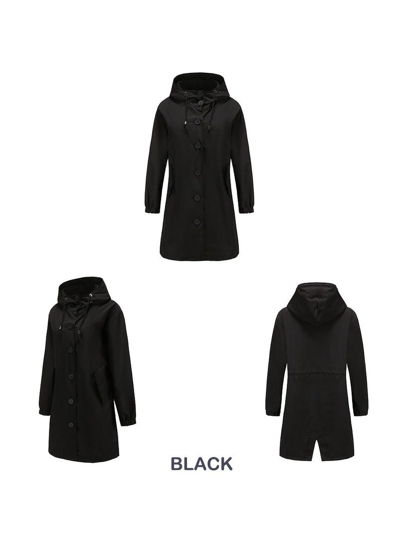 Loquat Women's New Waterproof Hooded Windbreaker Casual Long Coat Black  - Image 2