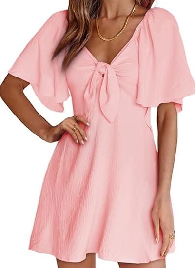 European and American Export Cross-Border Summer Womens V-Neck Bow Tie Short-Sleeved Pullover Lotus Leaf Sleeve Mini Dress Pink
