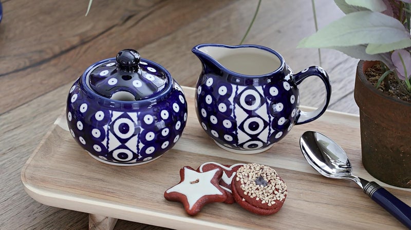 Blue Rose Pottery Blue Rose Polish Pottery - Blue Xena Cream & Sugar Set - 1 Cup Creamer - Hand-Painted Polish Pottery Ceramic Creamer & Sugar Bowl with Lid - Image 2