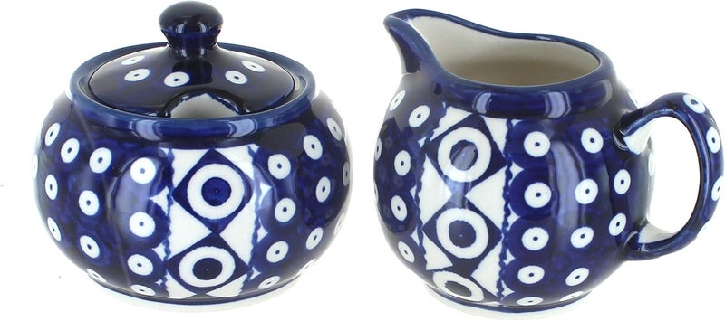 Blue Rose Pottery Blue Rose Polish Pottery - Blue Xena Cream & Sugar Set - 1 Cup Creamer - Hand-Painted Polish Pottery Ceramic Creamer & Sugar Bowl with Lid - Image 1