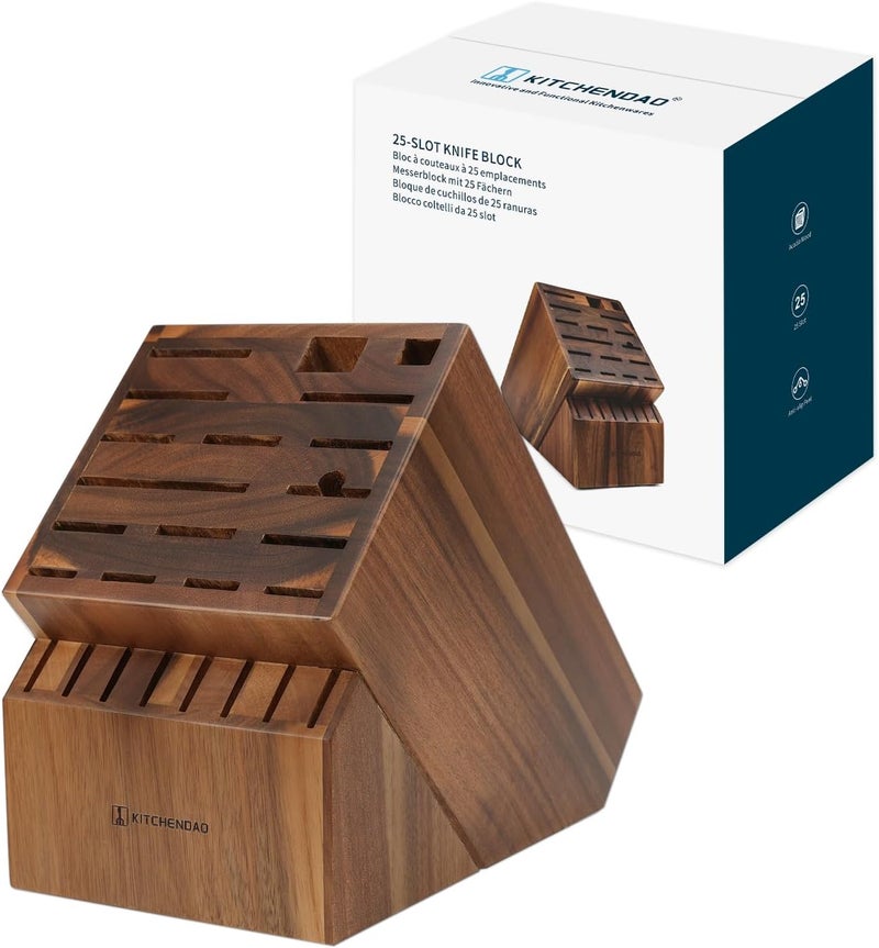 KITCHENDAO 25 Slot Acacia Wood Knife Block without Knives, Large Universal Knife Holder for Kitchen, Holding Multiple Types of Knives, Countertop Butcher Block Knife Stand for Easy Kitchen Storage - Image 1