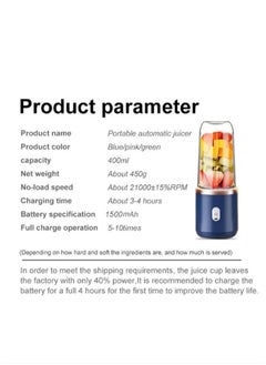 Zeemey Portable Blender, Blender Juicer Juice Cup Fruit Blender Portable Fruit Cup, USB Rechargeable Personal Size Juice Cup, Personal Blender for Smoothies and Smoothies, 400ml Travel Juice Cup(Pink)  - Image 2