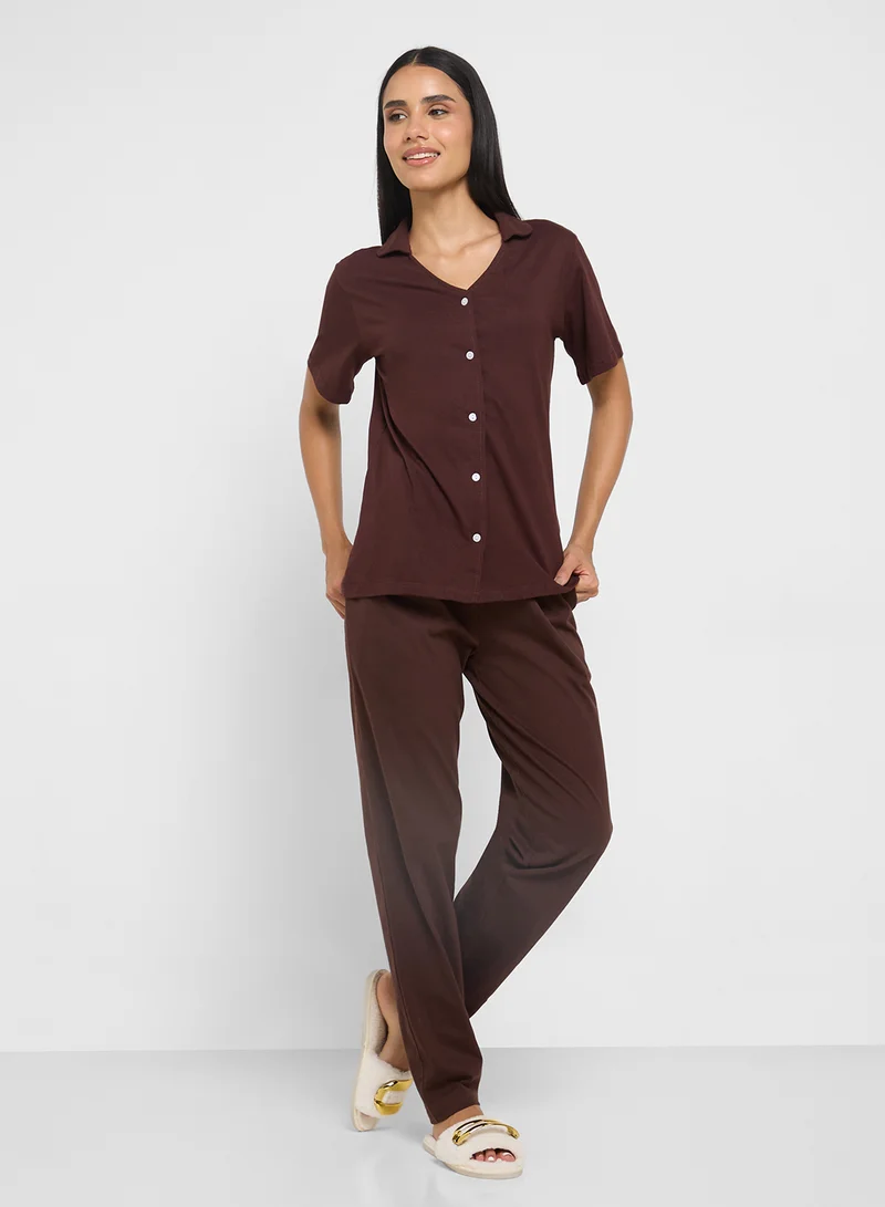 Ginger Cotton Button Up Shirt & Pyjama Set