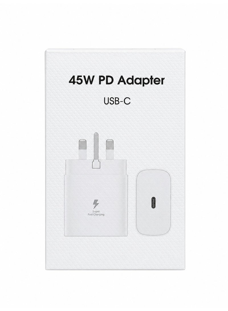 شاحن جداري سريع 45 واط بتقنية PD بمنفذ USB-C، شاحن Power Delivery للأجهزة المتوافقة مع USB-C، قابس بريطاني ثلاثي، تصميم مدمج، لون أبيض - Image 1