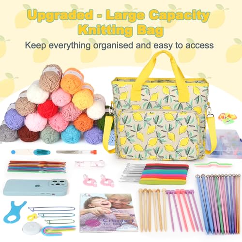 Aeelike Yarn Storage Organizer Travel Crochet Bag Large Capacity Tote Bag Knitting Bag for Carrying Projects Knitting Needles Crochet Hooks and Yarn Fruit Yellow Lemon - Image 3