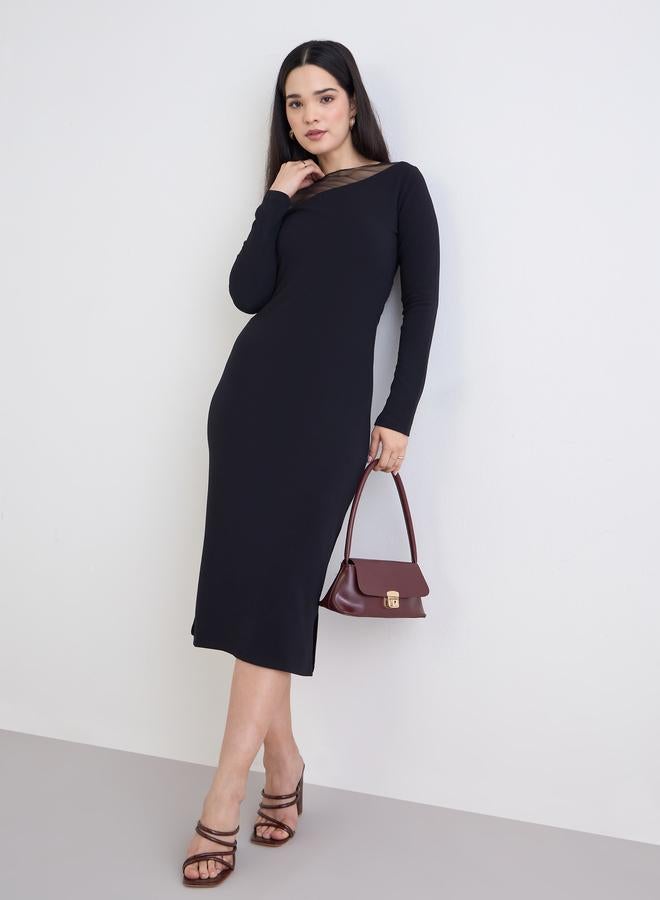 ستايلي فستان ميدي بأكمام طويلة وتفاصيل شبكية - Image 1