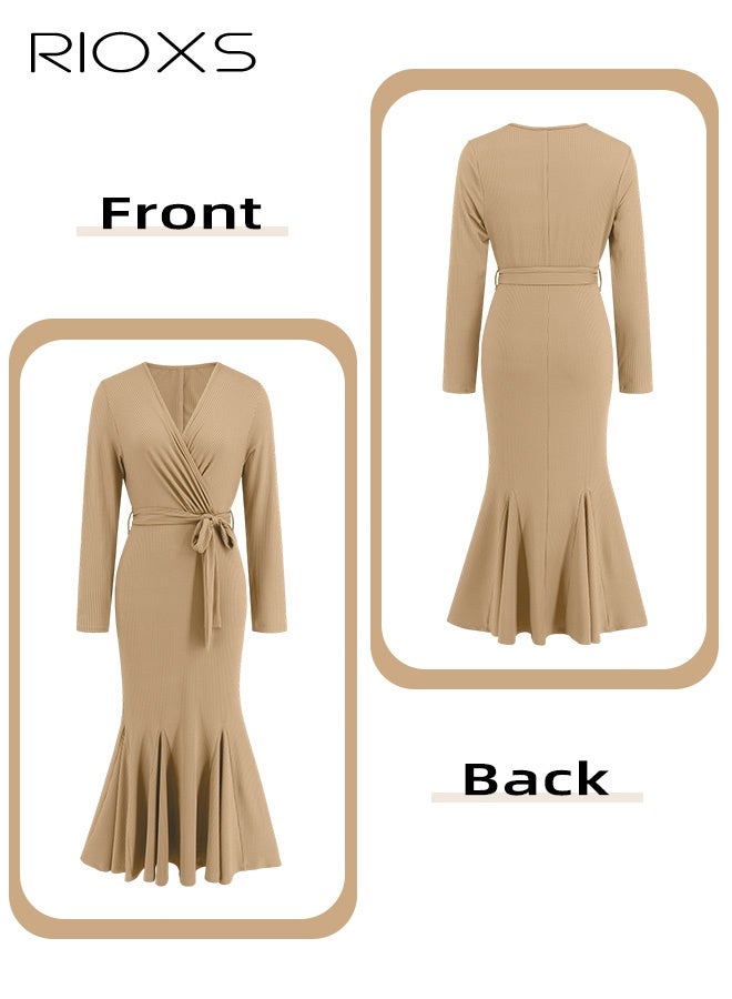 RIOXS Womens Knit Dress with a Belt Long Sleeve Cocktail Dress Fashion Solid Color V-Neck Slim Fit Fishtail Dress  - Image 4