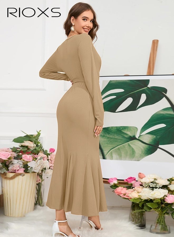 RIOXS Womens Knit Dress with a Belt Long Sleeve Cocktail Dress Fashion Solid Color V-Neck Slim Fit Fishtail Dress  - Image 3