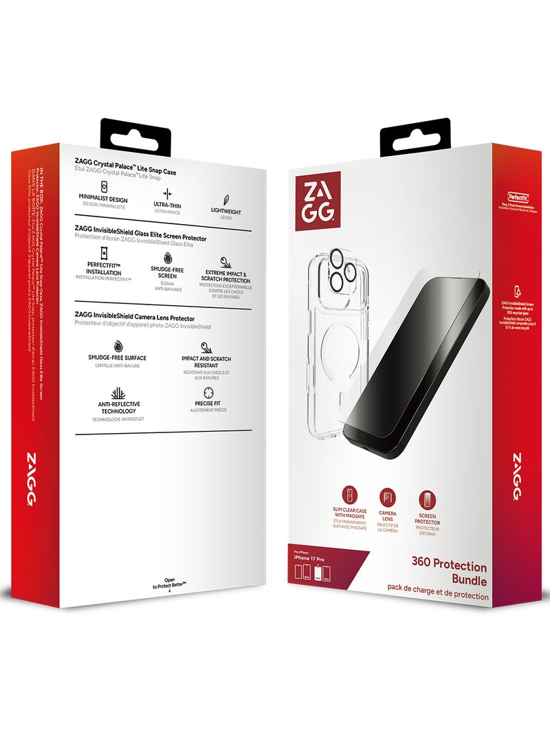 ZAGG iPhone 17 Pro 3-in-1 Bundle – Crystal Palace Snap Case MagSafe Compatible Clear Protective Cover with Screen Protector & Camera Lens Protector - Image 1