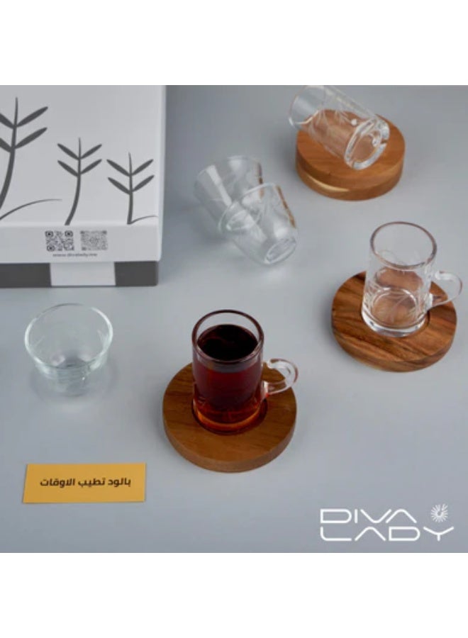 Diva Lady Luxury Set – 6 Tea Glasses + 6 Coffee Cups + 6 Wooden Saucers – Elegant Glass Design with Nature-Inspired Patterns - Image 1