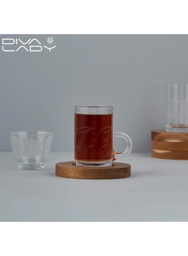 Diva Lady Luxury Set – 6 Tea Glasses + 6 Coffee Cups + 6 Wooden Saucers – Elegant Glass Design with Nature-Inspired Patterns - Image 2