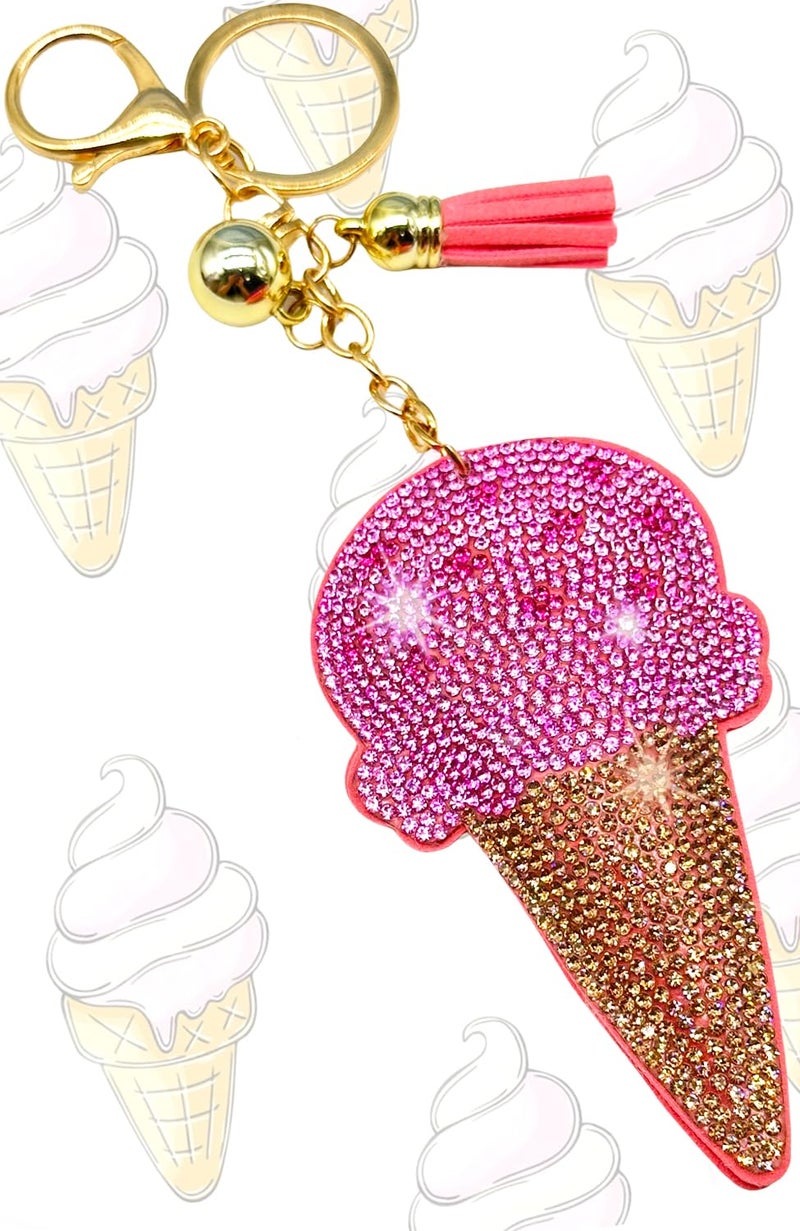 Alysheer Sparkling Keychains Bag Charms for Women Girls, Pink Ice-Cream Pattern Crystal Bling Rhinestone Key Ring Car Fob, Backpack Handbag Accessories - Image 3