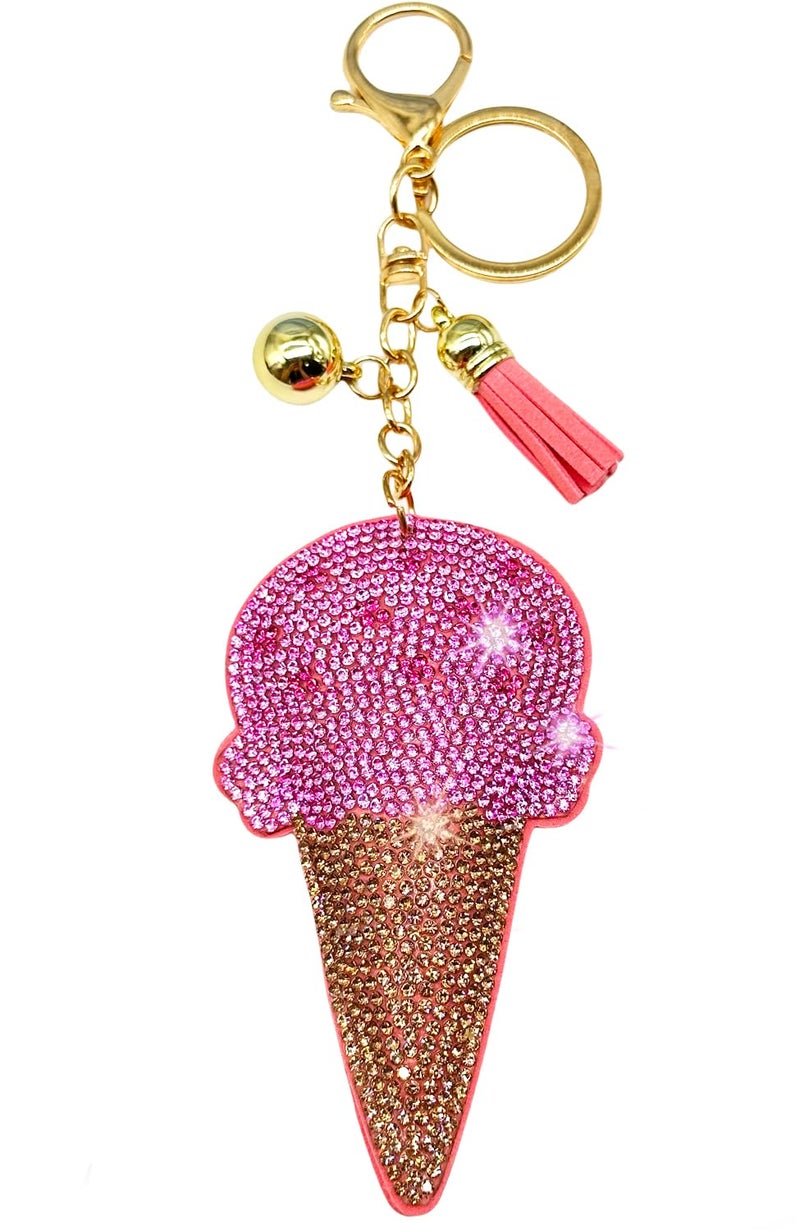 Alysheer Sparkling Keychains Bag Charms for Women Girls, Pink Ice-Cream Pattern Crystal Bling Rhinestone Key Ring Car Fob, Backpack Handbag Accessories - Image 1
