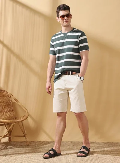 Dennis Lingo Men's Beige 100% Cotton Striped Knee Length Bermuda Regular Fit Shorts