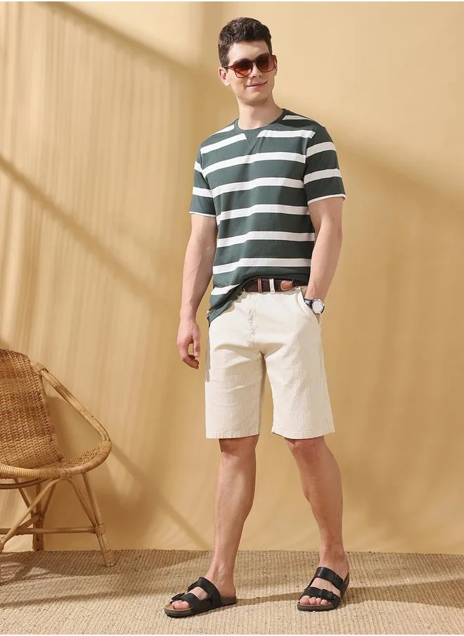 Dennis Lingo Regular Fit Stripes Beige 100% cotton slub Mid rise Waist Knee Length Length Woven Weave Bermuda for Men with Button/Zip Closure -a timeless essential for modern wardrobes.