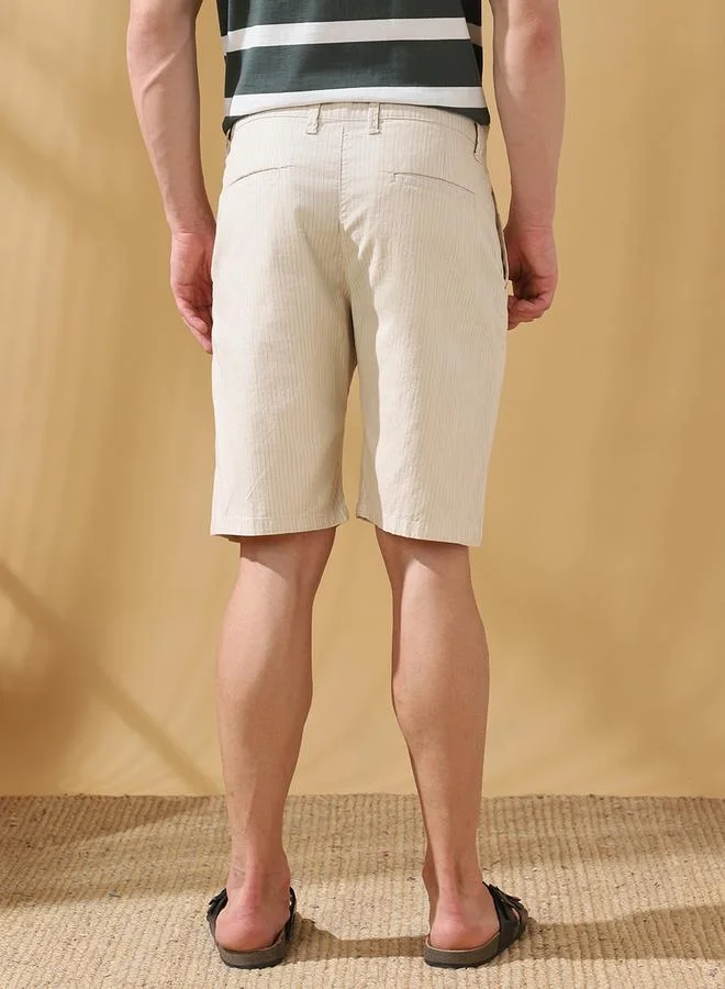 Dennis Lingo Men's Beige 100% Cotton Striped Knee Length Bermuda Regular Fit Shorts