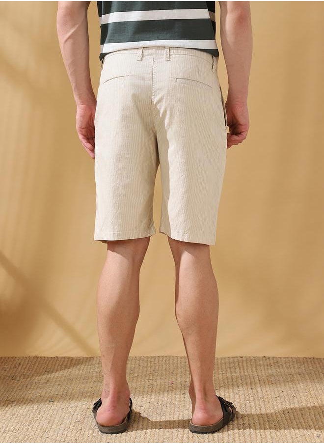 Dennis Lingo - Regular Fit Stripes Beige 100% cotton slub Mid rise Waist Knee Length Length Woven Weave Bermuda for Men with Button/Zip Closure -a timeless essential for modern wardrobes. - Image 1