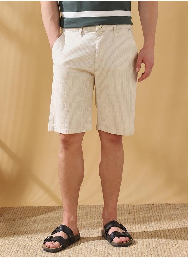 Dennis Lingo - Regular Fit Stripes Beige 100% cotton slub Mid rise Waist Knee Length Length Woven Weave Bermuda for Men with Button/Zip Closure -a timeless essential for modern wardrobes. - Image 1