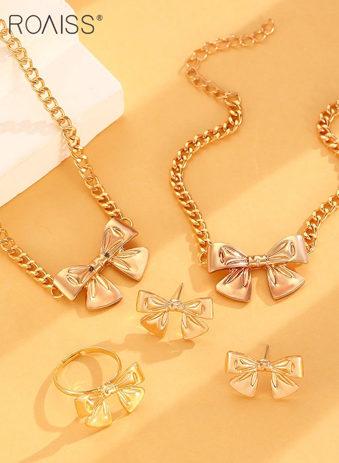 رويس طقم مجوهرات ذهبي نسائي مكون من 5 قطع، سوار على شكل فيونكة، خاتم، أقراط، سلسلة ترقوة بسيطة وعصرية، طقم أقراط كروية، هدية للسيدات - Image 5