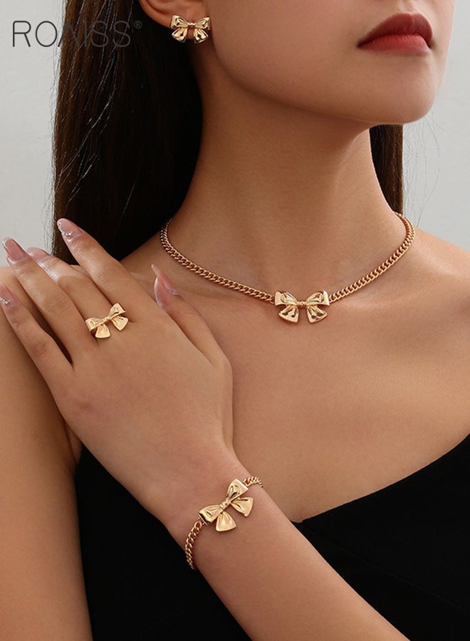 رويس طقم مجوهرات ذهبي نسائي مكون من 5 قطع، سوار على شكل فيونكة، خاتم، أقراط، سلسلة ترقوة بسيطة وعصرية، طقم أقراط كروية، هدية للسيدات - Image 3