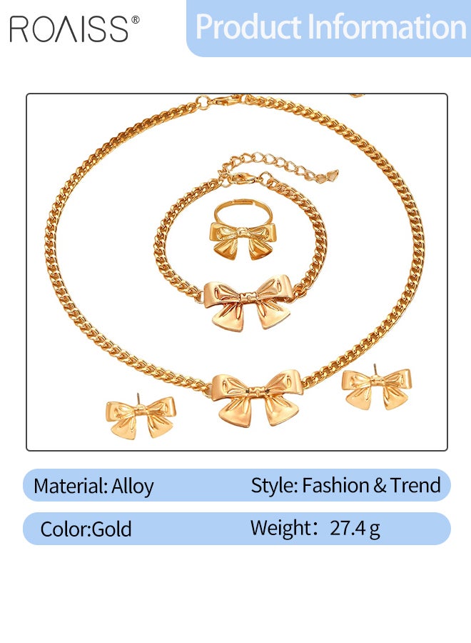 رويس طقم مجوهرات ذهبي نسائي مكون من 5 قطع، سوار على شكل فيونكة، خاتم، أقراط، سلسلة ترقوة بسيطة وعصرية، طقم أقراط كروية، هدية للسيدات - Image 2