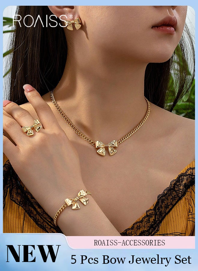 رويس طقم مجوهرات ذهبي نسائي مكون من 5 قطع، سوار على شكل فيونكة، خاتم، أقراط، سلسلة ترقوة بسيطة وعصرية، طقم أقراط كروية، هدية للسيدات - Image 1