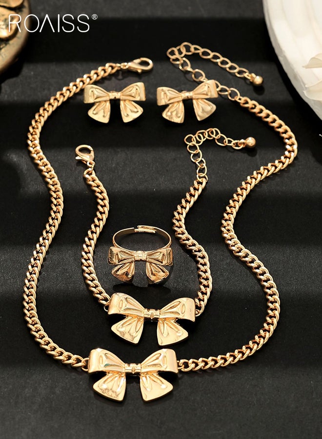 رويس طقم مجوهرات ذهبي نسائي مكون من 5 قطع، سوار على شكل فيونكة، خاتم، أقراط، سلسلة ترقوة بسيطة وعصرية، طقم أقراط كروية، هدية للسيدات - Image 4