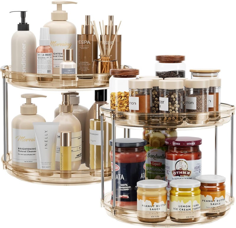 LAMU 2 Pack 2 Tier Lazy Susan Turntable Organizer 9.25'' Rotating Spice Rack Organization for Cabinet, Kitchen, Pantry, Countertop, Bathroom, Vanity, Medicine Cabinet Organizer, Amber - Image 1