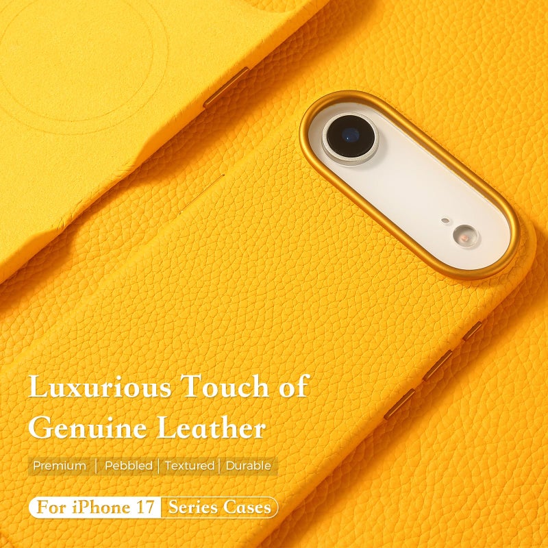 mobee Genuine Leather Case for iPhone 17 Air (6.5 inch), Pebbled Leather case with Soft Fiber Lining, Lip Screen Protection, Compatible with MagSafe Yellow - Image 2