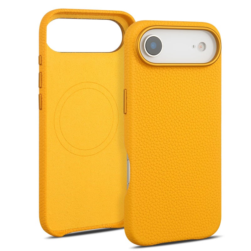 mobee Genuine Leather Case for iPhone 17 Air (6.5 inch), Pebbled Leather case with Soft Fiber Lining, Lip Screen Protection, Compatible with MagSafe Yellow - Image 1