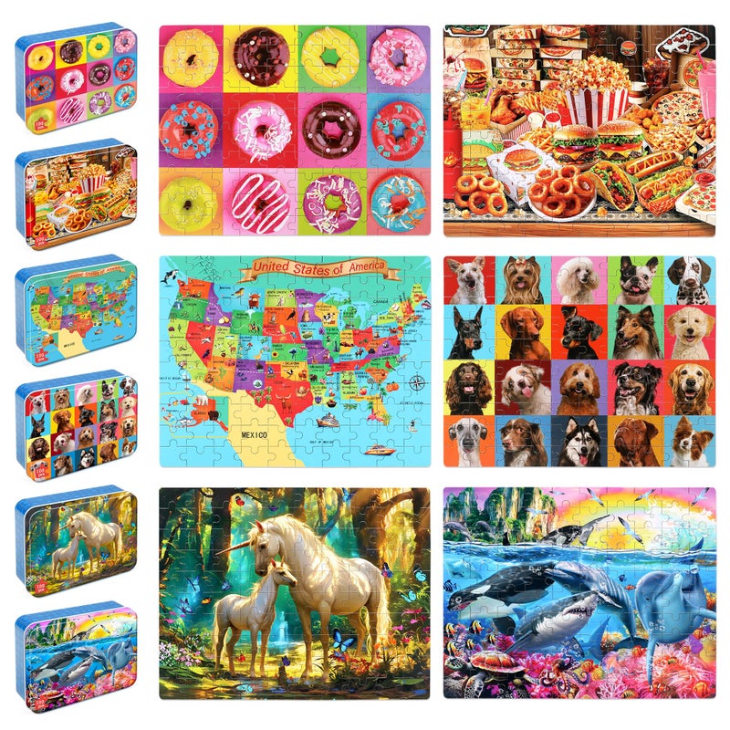 LELEMON Puzzles for Kids Ages 466 Pack 100 Piece Puzzles for Kids Ages 48 in a Metal BoxEducational Jigsaw Puzzles Puzzle Games Puzzle Toys for Girls and Boys - Image 3