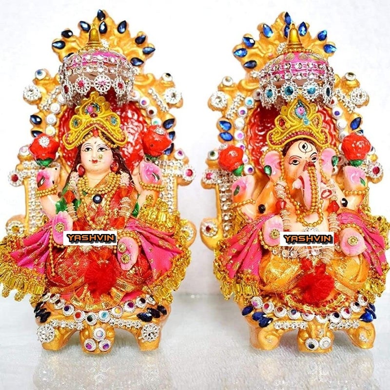 Yashvin® @ Diwali Idols Clay Singhasan Laxmi Ganesh Murti for Diwali Puja, Lakshmi Ganapati Murti for Home Office Diwali Decoration Items, Handmade Terracotta Clay Statue, Pooja Idols || VF14 - Image 3