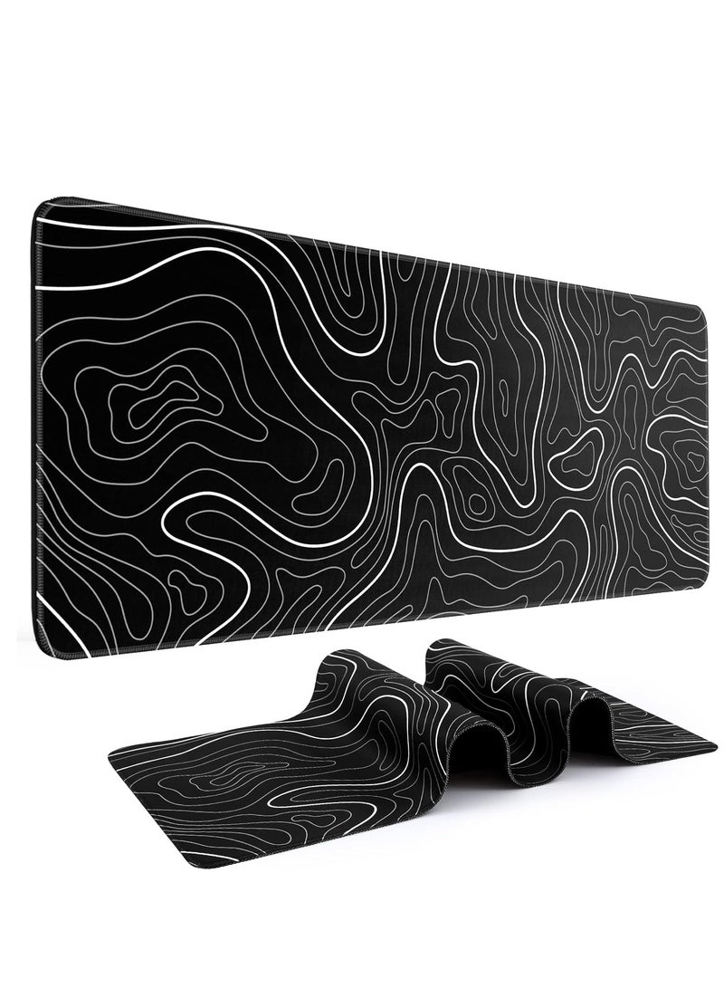 Topographic Lines Gaming Mouse Pad for Keyboard & Mouse (80 X 30 cm ) - Desk Mat Mousepad L Extended Size - Anti Slip Rubber Base - Stitched Edges - Waterproof - Speed Edition | Black - Image 1