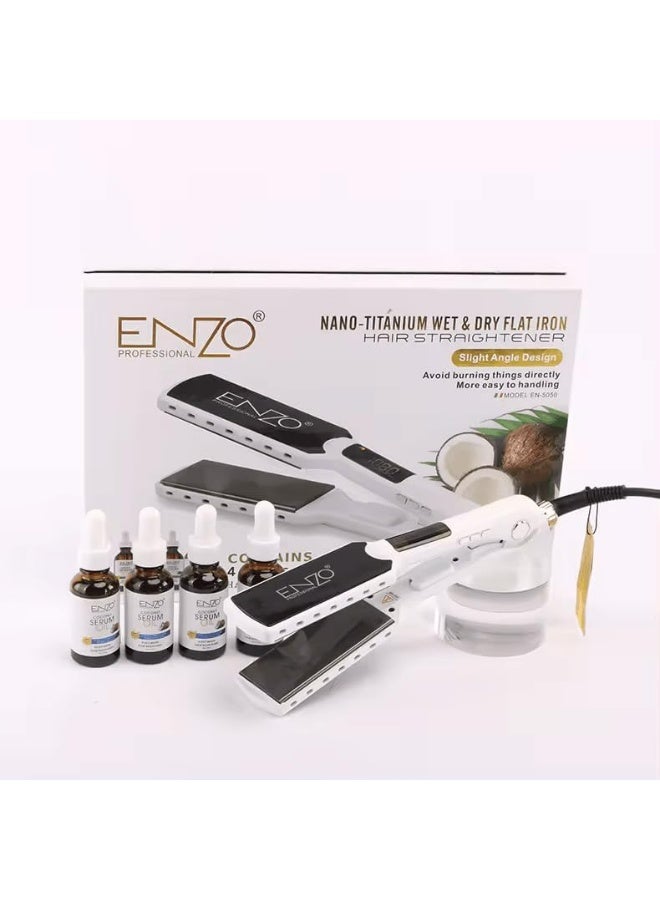 ENZO Professional مكواة شعر إنزو EN-5050 الاحترافية من التيتانيوم النانوي - مكواة مسطحة مع 4 زجاجات من زيت جوز الهند، تقنية تسخين متقدمة، إعدادات درجة حرارة قابلة للتعديل، وتصميم مريح - النسخة الدولية - Image 5