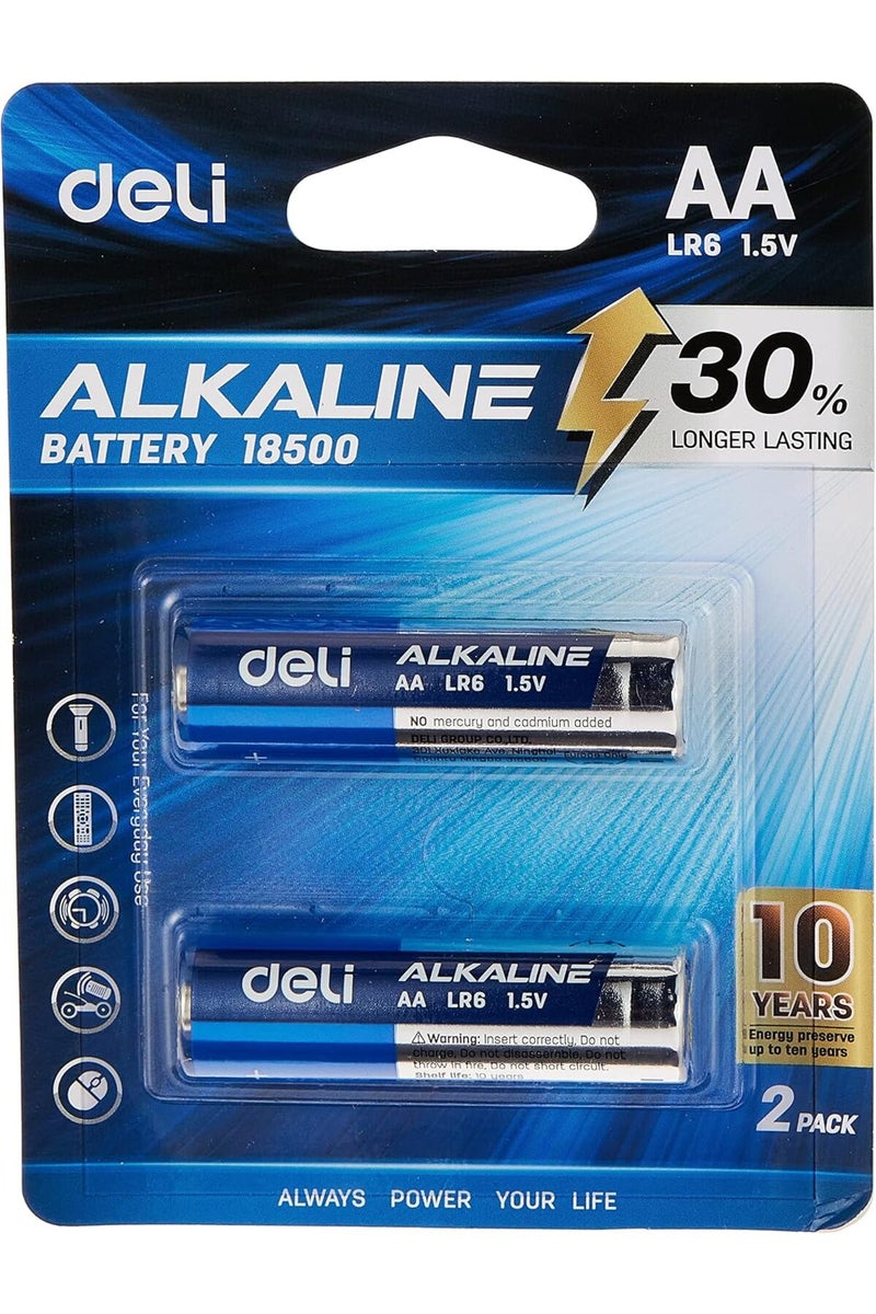 Deli AA LR6 Alkaline Battery 2-Pieces, Blue/Silver - Image 1