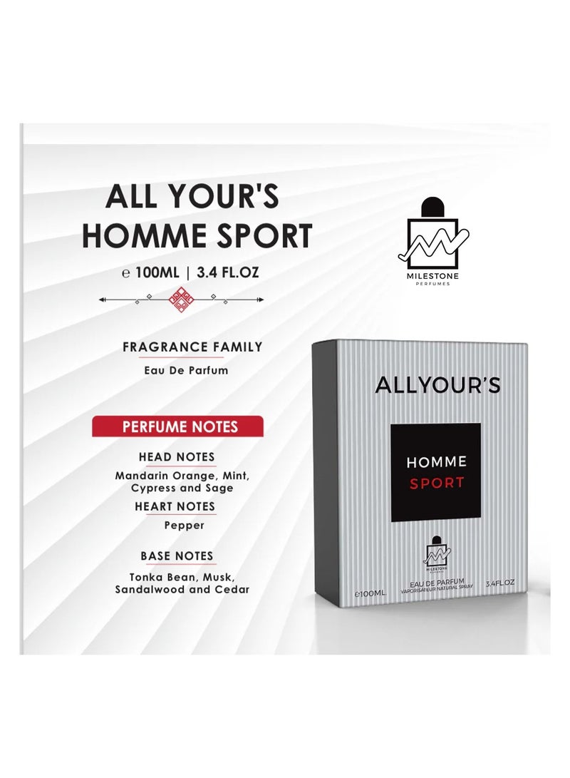 Milestone All Your's Homme Sport  EDP For Men 100ml - Image 2