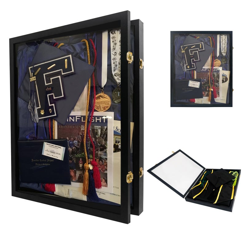 GraduationMall 17x21 Graduation Shadow Box Frame for Cap Gown Diploma Stole Cords Wood Display Case with Stick Pins  Hanging Hardware
