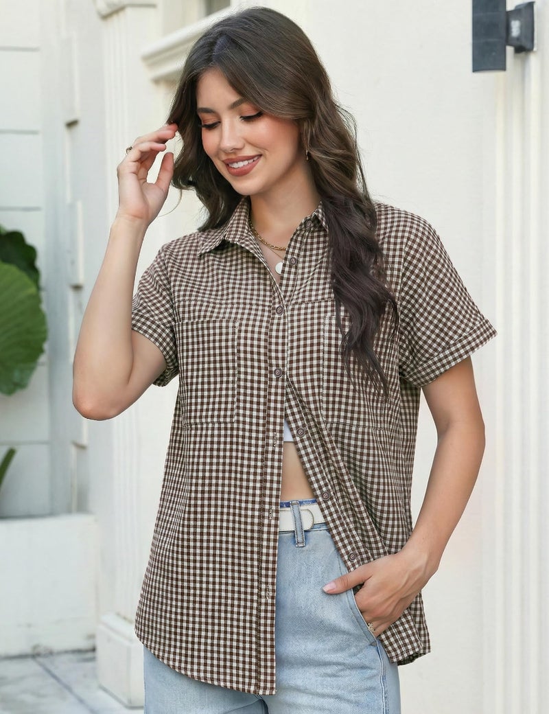 Kistore Womens Plaid Tops Button Up Shirts for Women Luau Outfits Hawaii Short Sleeve Blouses for Ladies - Image 4