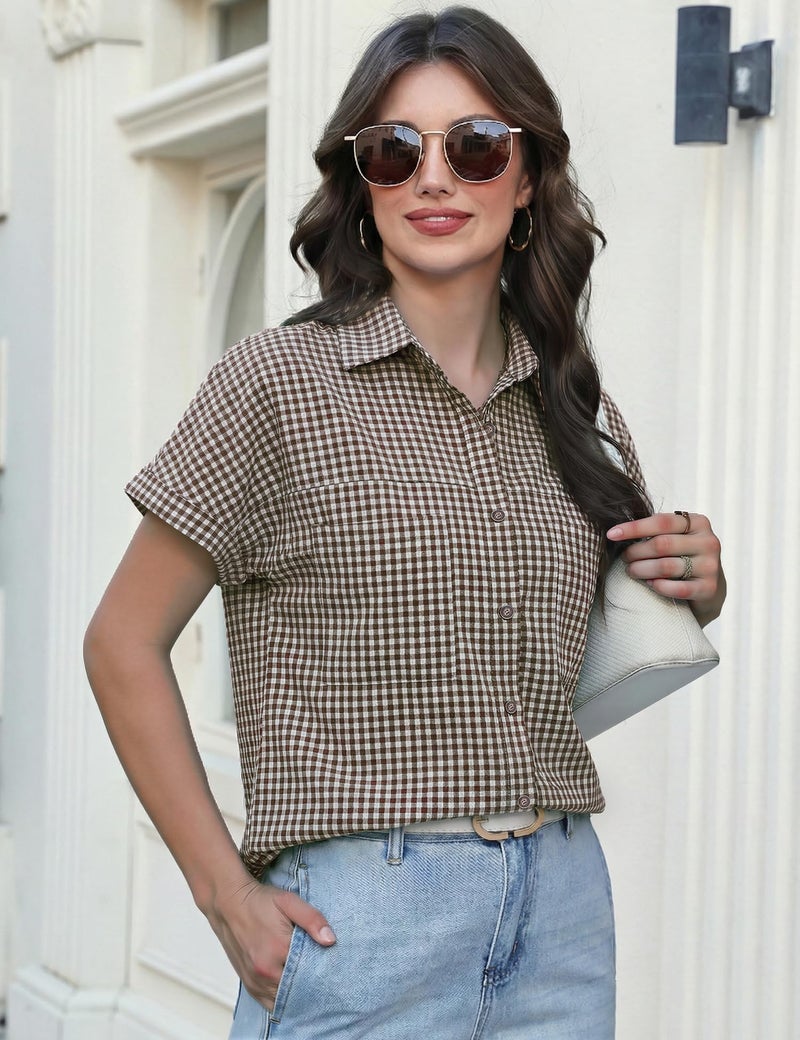 Kistore Womens Plaid Tops Button Up Shirts for Women Luau Outfits Hawaii Short Sleeve Blouses for Ladies - Image 2