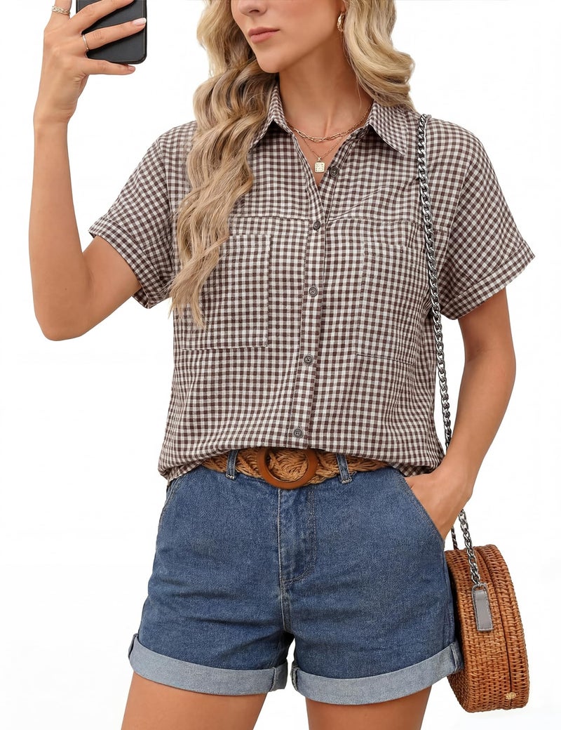 Kistore Womens Plaid Tops Button Up Shirts for Women Luau Outfits Hawaii Short Sleeve Blouses for Ladies - Image 1
