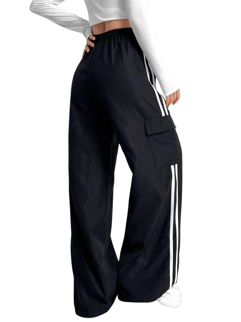 Verdusa Women's Cargo Pants Baggy Straight Wide Leg Track Pants Striped Joggers with Pockets Athletic Streetwear Black Large - Image 2