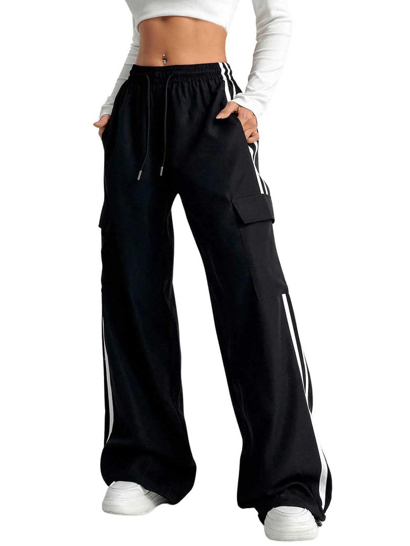 Verdusa Women's Cargo Pants Baggy Straight Wide Leg Track Pants Striped Joggers with Pockets Athletic Streetwear Black Large - Image 5