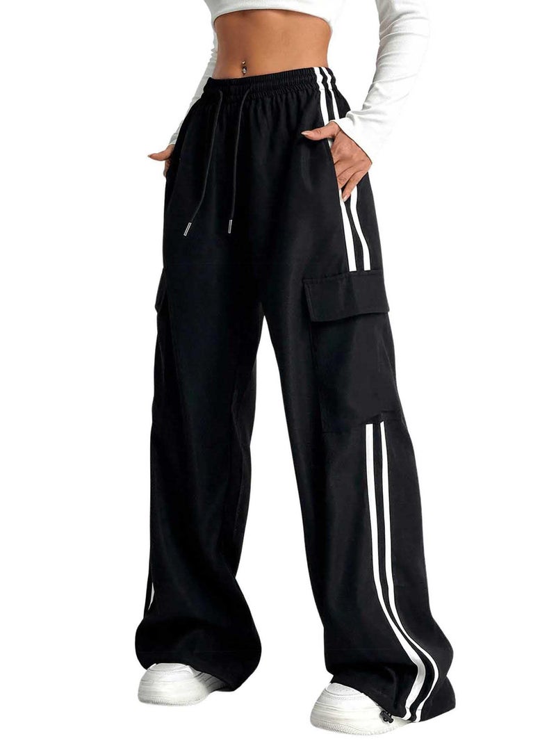 Verdusa Women's Cargo Pants Baggy Straight Wide Leg Track Pants Striped Joggers with Pockets Athletic Streetwear Black Large - Image 1