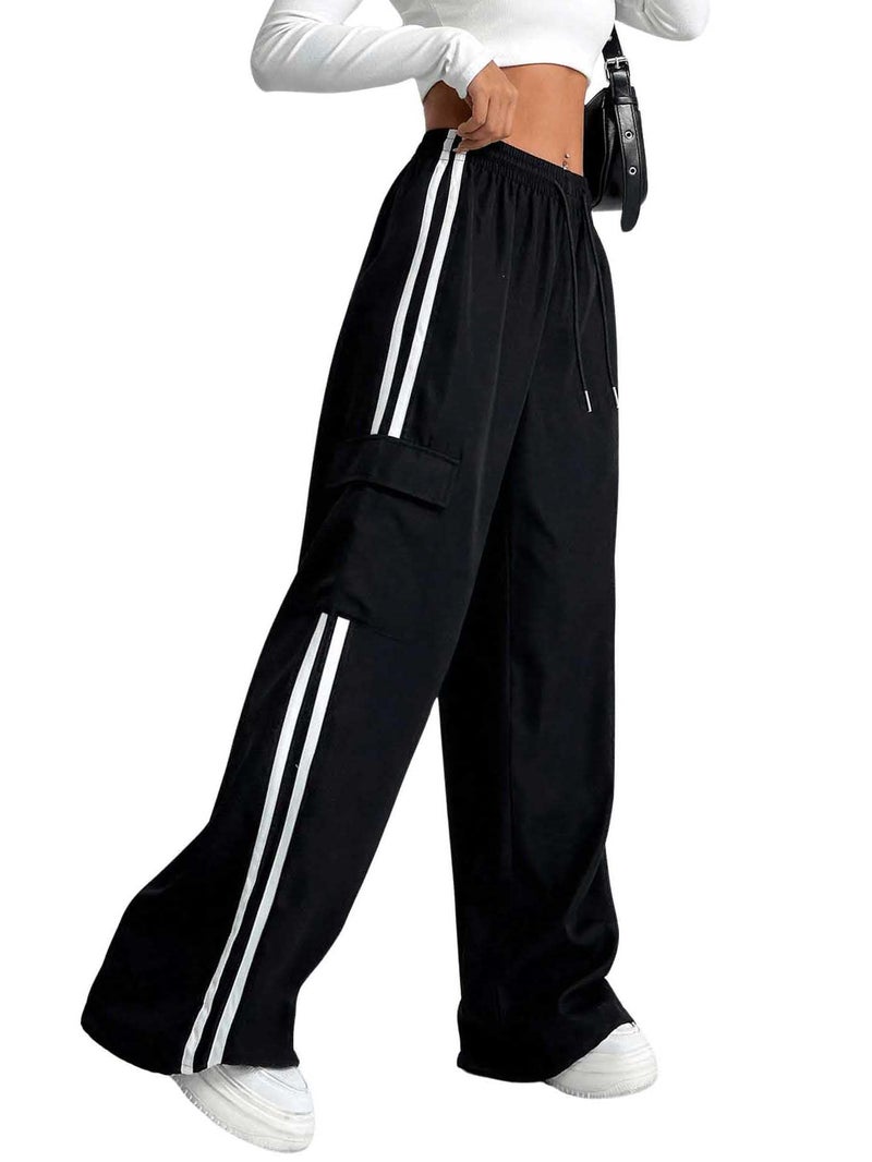 Verdusa Women's Cargo Pants Baggy Straight Wide Leg Track Pants Striped Joggers with Pockets Athletic Streetwear Black Large - Image 3