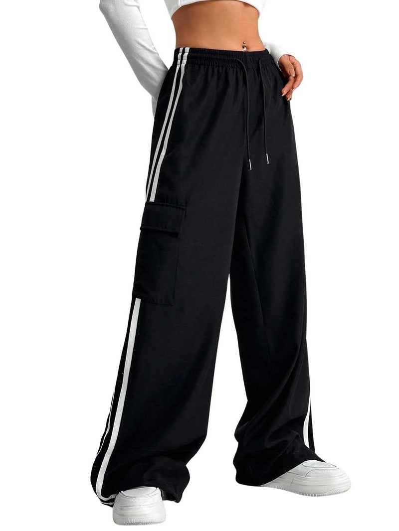 Verdusa Women's Cargo Pants Baggy Straight Wide Leg Track Pants Striped Joggers with Pockets Athletic Streetwear Black Large - Image 4