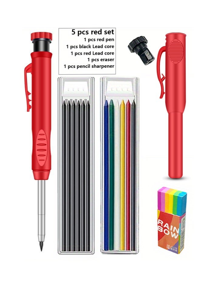 Generic 5 pieces/set, brand new 2.8mm carpenter pencil set, deep hole carpenter marker, built-in pencil case, carpenter pencil set for carpenters and engineers (1 pen + 1 pen cap + 2 boxes of lead + 1 eraser + 1 pencil sharpener) - Image 1