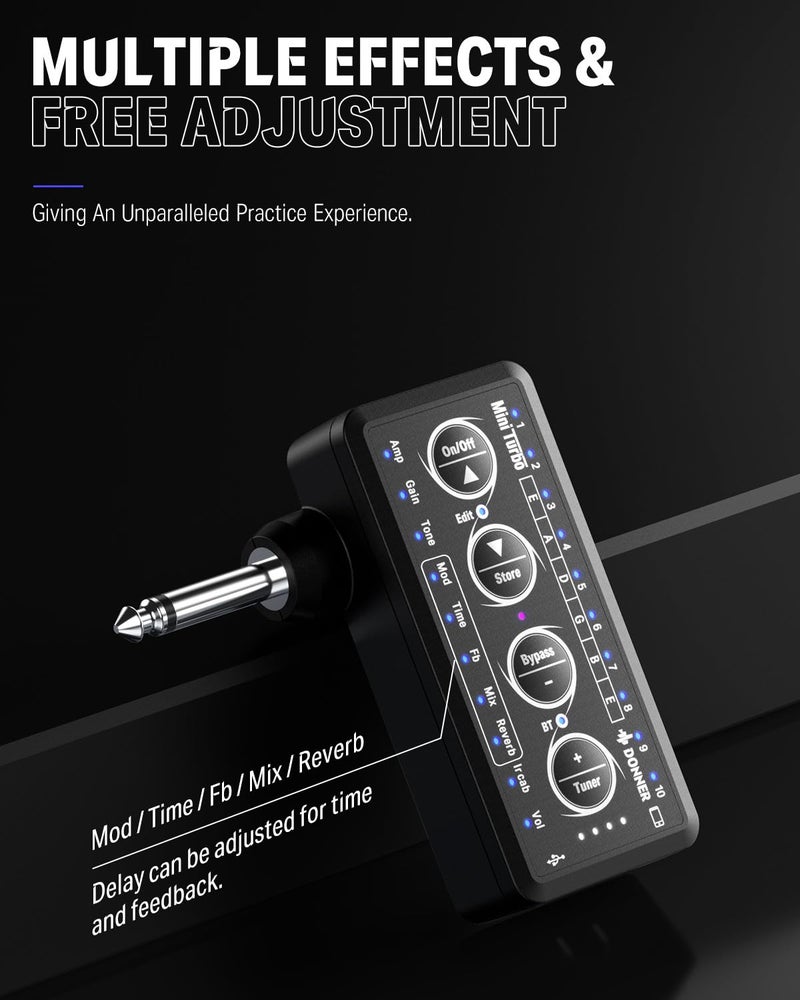 Donner Guitar Headphone Amp Mini Turbo with 10 Amp Models Tuner USB Rechargeable Multi-Effects Delay Reverb Chorus Overdrive Mini Portable Electric Guitar Amp - Image 3