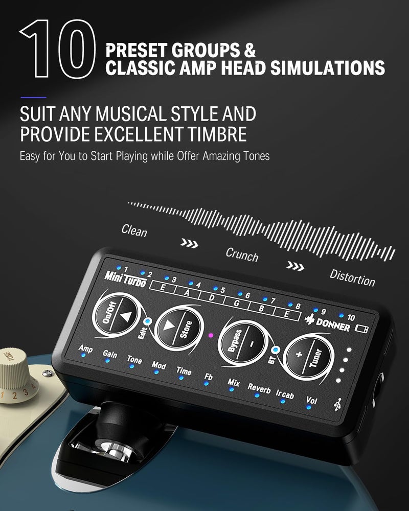 Donner Guitar Headphone Amp Mini Turbo with 10 Amp Models Tuner USB Rechargeable Multi-Effects Delay Reverb Chorus Overdrive Mini Portable Electric Guitar Amp - Image 2